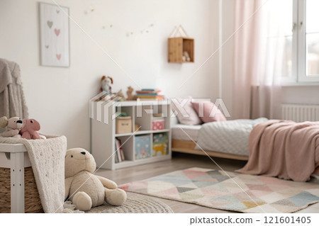 defocused shot minimalist kids room interior bed rug basket toys bookshelf, modern organization minimalism nursery 121601405