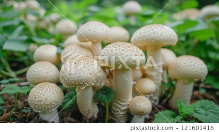 Cluster button mushrooms in forest with focus on single mushroom cap, gills ring stem Cluster button mushrooms in forest with focus on single mushroom cap, gills ring stem 121601416