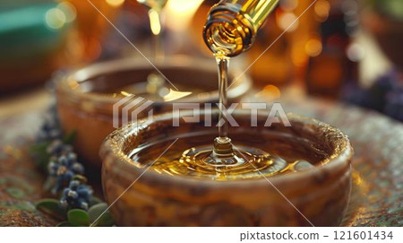 Closeup essential oil aromatherapy, closeup essential oil dripping bottle bowl flower side, sleep improvement focus concentration energy vitality 121601434