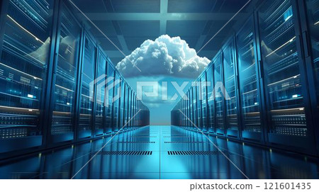 Cloud computing infrastructure with rows servers glowing cloud in center, hardware binary code software 121601435