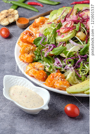 Grilled Shrimp Salad with Creamy Dressing 121601537