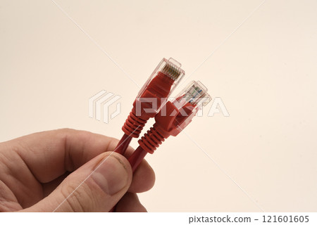Red internet cable in hand. The RJ-45 connector. Red internet cable in hand. The RJ-45 connector. 121601605