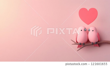 Valentine day concept. Two pink lovebirds on branch with heart symbol on soft pink background 121601655
