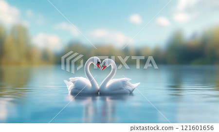 Valentine day concept. Two swans forming heart shape on serene lake with blurred natural background 121601656