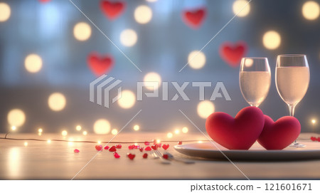Valentine day concept. Romantic table setting with heart decor, wine glasses, and bokeh lights Valentine day concept. Romantic table setting with heart decor, wine glasses, and bokeh lights 121601671