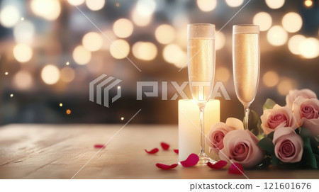 Valentine day concept. Romantic champagne glasses with roses and candlelight on wooden table 121601676