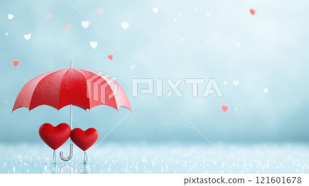 Valentine day concept. Two red hearts under red umbrella with soft blue background and falling hearts 121601678