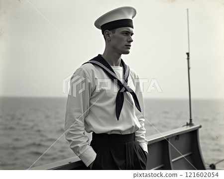 Sailor stands on the deck looking out at the calm sea during an overcast day 121602054