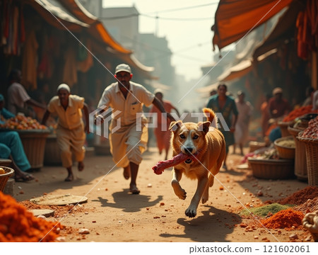 Busy marketplace with people running and a dog chasing a toy in the early morning light 121602061