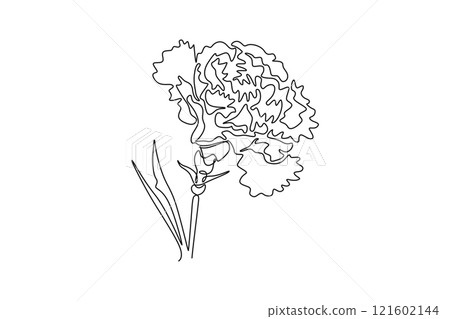 Continuous one line drawing of beauty fresh carnation for garden logo. Decorative dianthus caryophyllus flower for home wall decor art poster print. Single line draw design vector graphic illustration 121602144