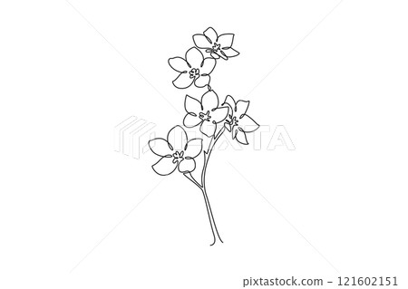 Continuous one line drawing beauty fresh larkspur for garden logo. Decorative of perennial delphinium concept for home wall decor art poster print. Single line draw design vector graphic illustration Continuous one line drawing beauty fresh larkspur for garden logo. Decorative of perennial delphinium concept for home wall decor art poster print. Single line draw design vector graphic illustration 121602151