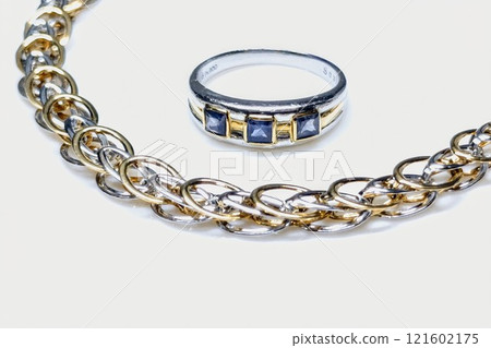 Gold and platinum combination bracelet and sapphire ring 121602175