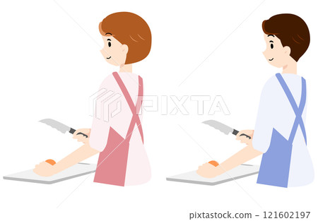 一個男人和一個女人用刀切蔬菜 一個男人和一個女人用刀切蔬菜 121602197