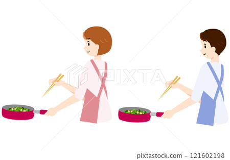 Men and women making stir-fried vegetables 121602198