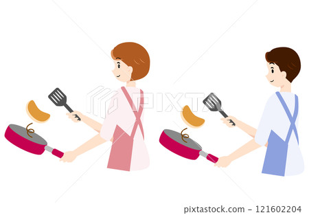 Men and women baking pancakes 121602204