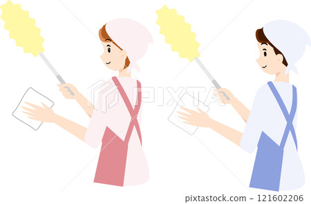 A man and a woman holding a dustpan and a rag 121602206