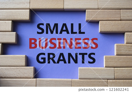 Small Business Grants symbol. Concept words Small Business Grants on wooden blocks. Beautiful purple background. Business and Small Business Grants concept. Copy space 121602241