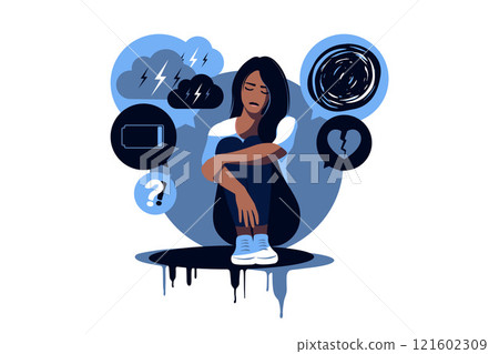 Depressed sad black skinned woman thinking over problems. Bankruptcy, loss, crisis, burnout syndrome, relationship trouble concept. Vector illustration. Flat. 121602309