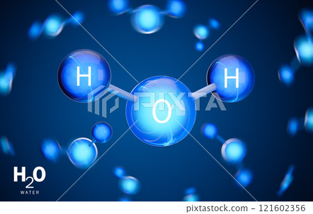 3D model of water (H2O) molecule. Two atoms of hydrogen and one atom of oxygen. 3D rendering.	 121602356