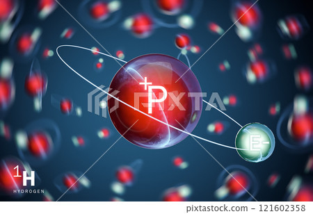 3D model of hydrogen (1H) molecule. The most common isotope of hydrogen is protium (1H), which has an atom with the simplest possible structure - it consists of one proton and one electron. 3D renderi 121602358