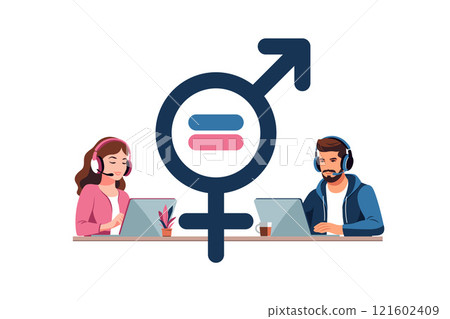 Gender equality concept. Men and women character on the scales for gender equality. Vector illustration. Flat. 121602409