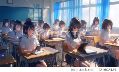 Students engaged in learning during a bright morning session in a modern classroom with technology in use 121602485