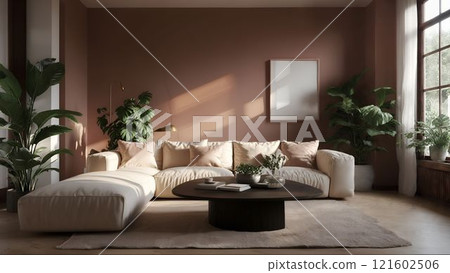 Cozy living room featuring a mocha mousse interior with large windows, stylish furniture, and green plants for a serene atmosphere 121602506