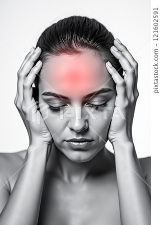 Woman experiencing headache with focused light on forehead in a monochrome setting Woman experiencing headache with focused light on forehead in a monochrome setting 121602591