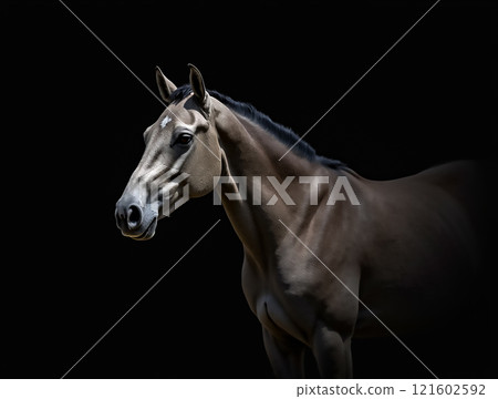Majestic horse standing gracefully against a dark background showcasing its beauty and elegance 121602592