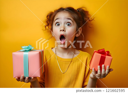 Excited child reacts joyfully while holding colorful gifts against a vibrant yellow background 121602595
