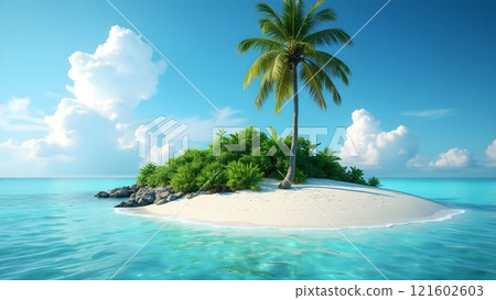 Tropical island with a single palm tree and clear blue waters under a bright sky Tropical island with a single palm tree and clear blue waters under a bright sky 121602603