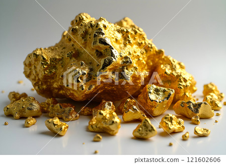 Natural gold nuggets grouped together showcasing their unique shapes and textures in a bright setting Natural gold nuggets grouped together showcasing their unique shapes and textures in a bright setting 121602606