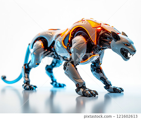 Robotic panther model stands poised in a dynamic pose against a bright background in a futuristic setting 121602613