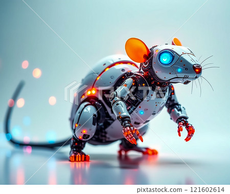 Mechanical rat with glowing features and intricate design in a futuristic setting Mechanical rat with glowing features and intricate design in a futuristic setting 121602614