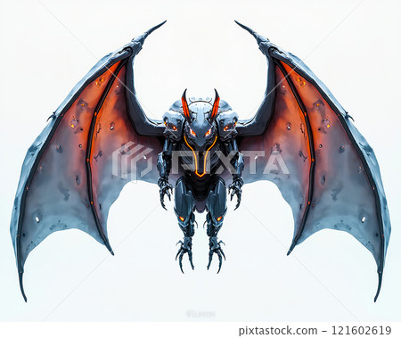 Robotic dragon creature with metallic wings and glowing accents in a futuristic design Robotic dragon creature with metallic wings and glowing accents in a futuristic design 121602619