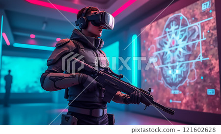 Soldier in virtual reality gear engages in training exercise in futuristic environment with digital displays 121602628