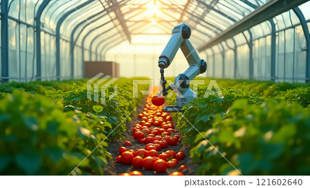 Automation in agriculture enhances tomato harvesting in a greenhouse at sunset 121602640