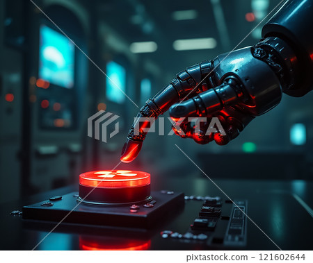Robotic hand poised to press a glowing red button in a futuristic control room during the late evening Robotic hand poised to press a glowing red button in a futuristic control room during the late evening 121602644