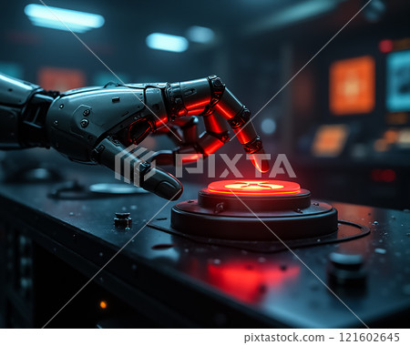 Robot hand reaching for a glowing button in a futuristic control room with high-tech equipment Robot hand reaching for a glowing button in a futuristic control room with high-tech equipment 121602645