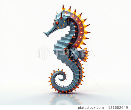 Unique robotic seahorse design with bright orange accents and intricate details on a clean background Unique robotic seahorse design with bright orange accents and intricate details on a clean background 121602649