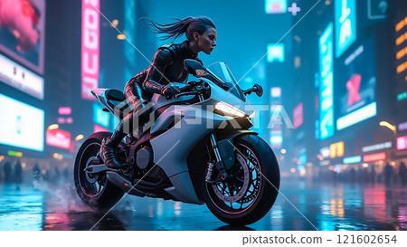 Female rider accelerates through neon-lit city streets during rainy night Female rider accelerates through neon-lit city streets during rainy night 121602654