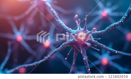Close-up of a neuron showcasing intricate connections in a digital representation illuminated by ambient light Close-up of a neuron showcasing intricate connections in a digital representation illuminated by ambient light 121602658