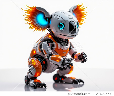 Robot koala with vibrant neon features posed dynamically in a futuristic setting Robot koala with vibrant neon features posed dynamically in a futuristic setting 121602667
