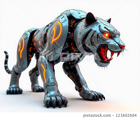 Robotic tiger with glowing features stands in a fierce pose against a white backdrop 121602684