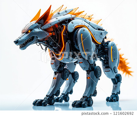 Futuristic robotic wolf with intricate mechanics and glowing accents in a studio setting 121602692