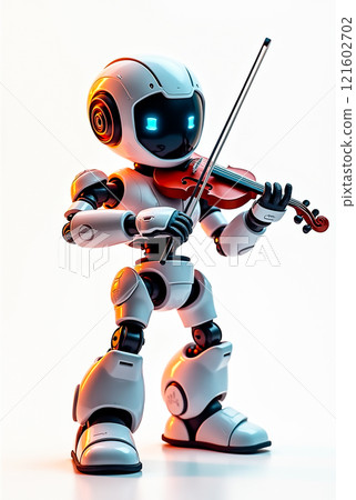 Robot performing with a violin in a modern, high-tech setting illuminated by soft lights Robot performing with a violin in a modern, high-tech setting illuminated by soft lights 121602702