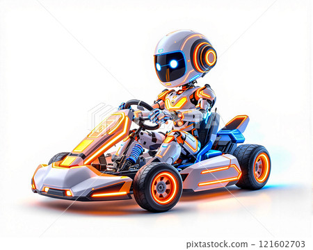 Robot driving a futuristic go-kart in a vibrant, illuminated environment showcasing advanced technology and design 121602703