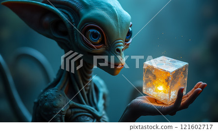 Fantasy creature holds glowing cube in mystical forest during twilight Fantasy creature holds glowing cube in mystical forest during twilight 121602717