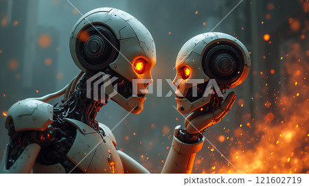 Robot examines a smaller robotic head in a fiery, futuristic setting illustrating innovation and curiosity 121602719