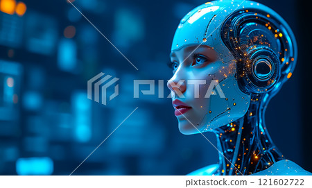 Futuristic humanoid robot with glowing circuitry and detailed facial features in a high-tech environment Futuristic humanoid robot with glowing circuitry and detailed facial features in a high-tech environment 121602722